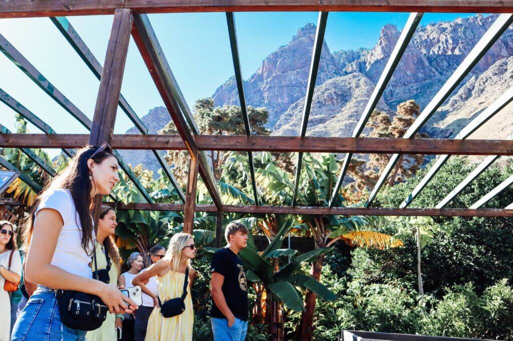 A small group of students gathers under wooden scaffolding, regarding something or someone out of frame. Tropical foliage, blue sky, and a jagged mountain peak are visible through the open roof. 